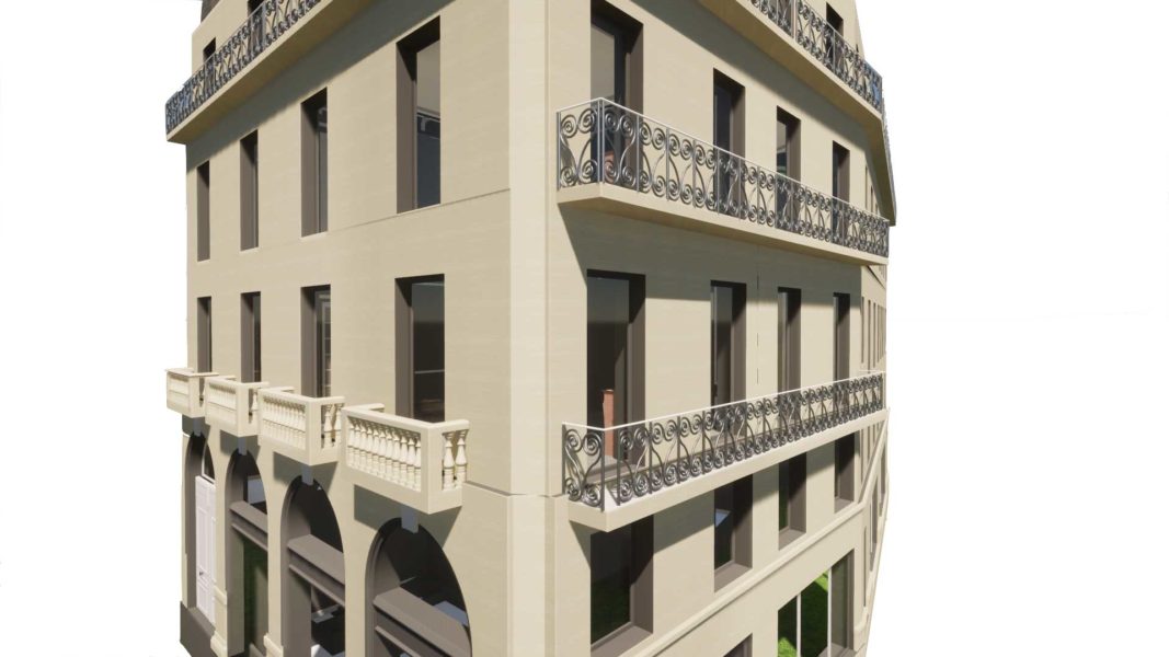 Vue 3D de l'extérieur d'un immeuble haussmannien, Place Saint-Michel