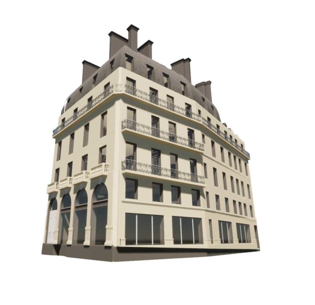 Vue 3D de l'extérieur d'un immeuble haussmannien, Place Saint-Michel