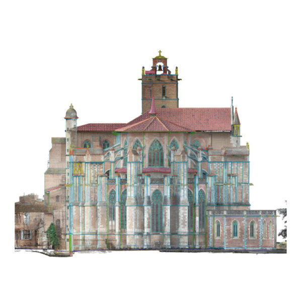 Cathédrale Saint Etienne de TOULOUSE, plan d'élévation superposé à l'orthophoto façade Est